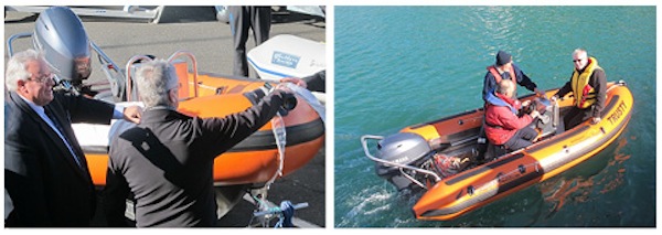 Left: Don Manning assists WCT Chief Executive, Mark Cassidy with the champagne at the launch. Right: Mark Cassidy (right) testing out Trusty in Evans Bay in the reliable hands of Sailability Wellington crew.