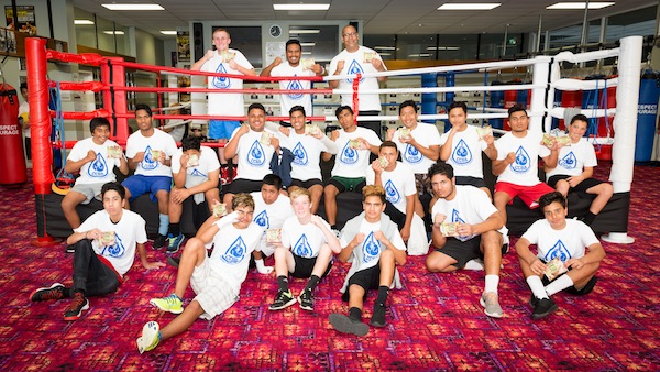 The new senior class at the Cannons Creek Boxing Academy is for boys aged 14-18 years. In the back row are the coaches: Assistant Coach Keegan O’Kane-Jones, Head Coach Latu Talu and Assistant Coach David Niu. 