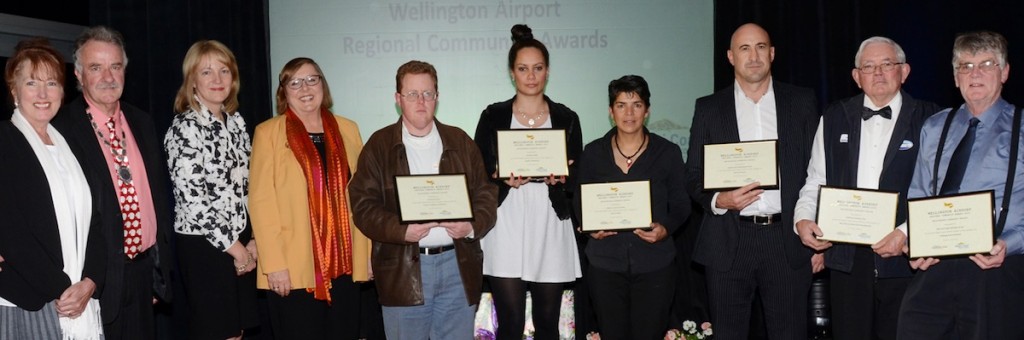 From left: Mrs Church, Mayor Ross Church, Leanne Gibson (Wellington Airport), Norrey Simmons (Wellington Community Trust) and the six winners of the 2015 Kapiti District Council Community Awards